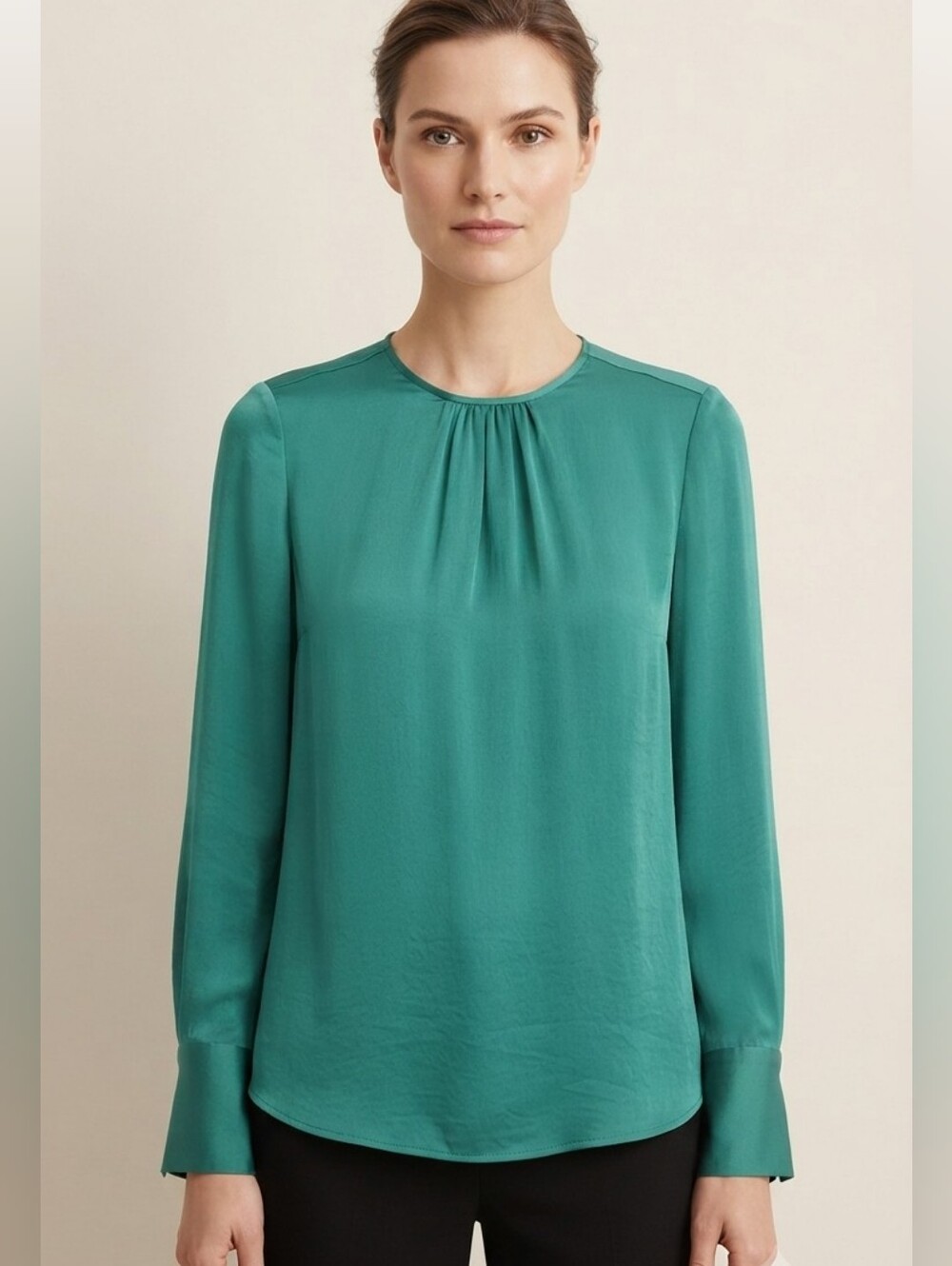 MNG Mango Pleated Neck Satin Blouse in Teal Green - Size S / 4